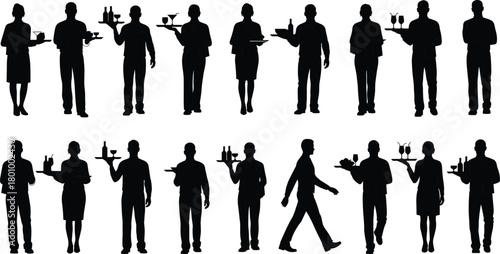 Set of waiters and waitresses silhouettes, professional service staff serving drinks and bottles on trays, restaurant and catering workers collection.