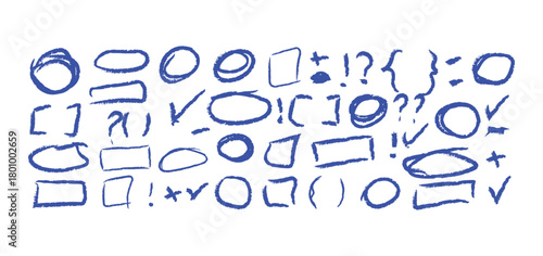 Blue crayon scribbled punctuation and symbols on white background