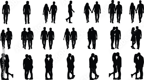 Romantic couples silhouettes set in various loving poses, walking, kissing, and embracing, relationship, togetherness, and dating vector illustration.