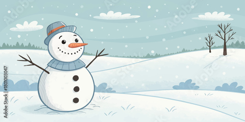 Vector  christmas  illustration of a snowman with a hat in a snowy winter landscape
