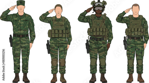 Multicultural Military Soldiers or Tactical Personnel in Camouflage Uniforms Performing a Respectful Salute Vector Set.