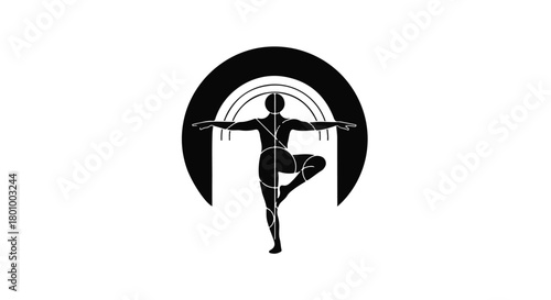 Silhouette of a person in a graceful yoga pose, embodying balance and strength against a stylized arch.