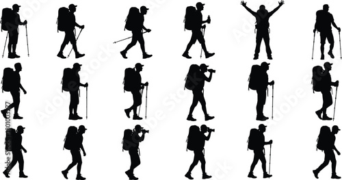 Backpackers and hikers silhouettes collection with large bags, walking and trekking with poles, outdoor adventure and travel vector set.
