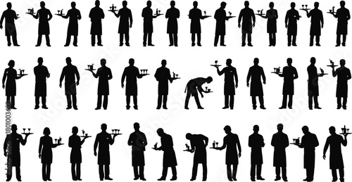 Professional wait staff and caterers silhouettes collection, serving food and drinks on trays, wearing uniforms, hospitality industry service workers set.