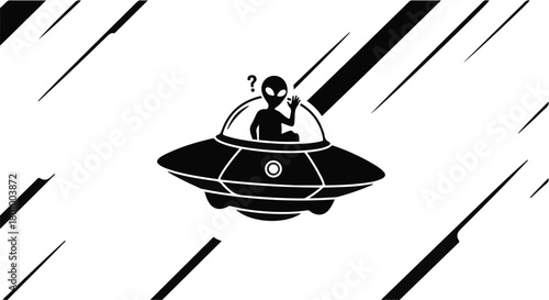 Curious alien in a flying saucer waves hello amidst abstract diagonal lines