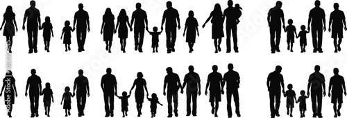 Walking family silhouettes collection, parents and children holding hands, happy couples with kids, generations walking together vector illustration set.