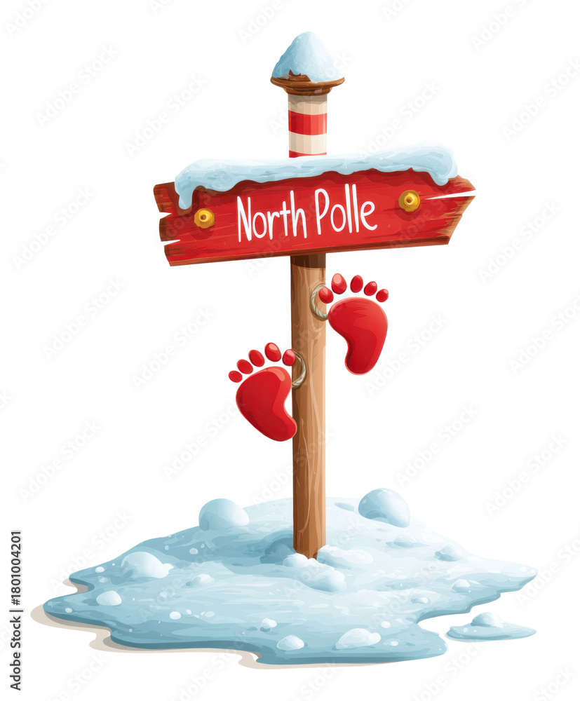 Naklejka premium North pole signpost png cheerful wooden signpost with snow and red footprints