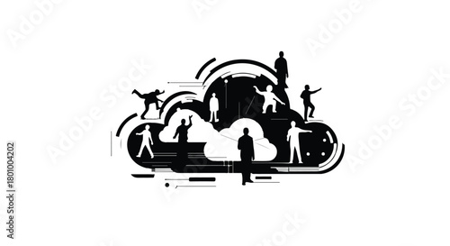 Diverse group of people silhouettes connected within a stylized digital cloud network
