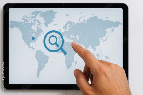 Hand using tablet with world map and magnifying glass icon for global search