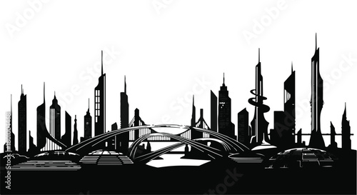 Sleek futuristic cityscape with innovative architecture and elevated pathways under a bright sky