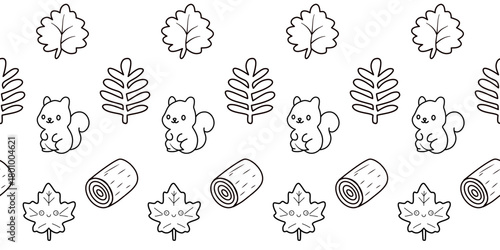 Vector illustration of various leaves, squirrel, log, coloring page for kids, Christmas festival.