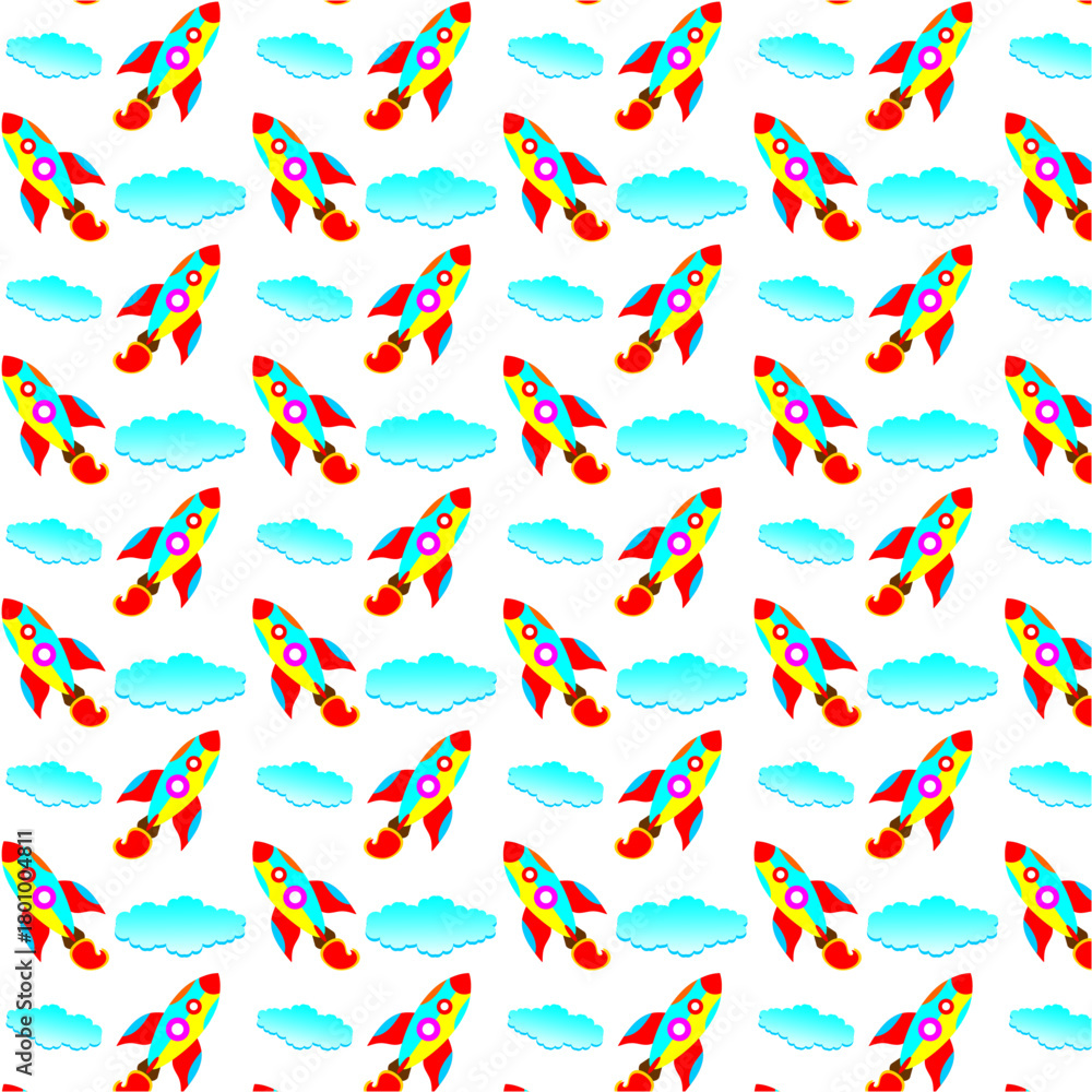 Fototapeta premium Seamless pattern with rockets and clouds. Rocket cloud seamless pattern. Cute cartoon of rockets launching into space. Cartoon kids cartoon seamless pattern background. Flying rocket illustration.