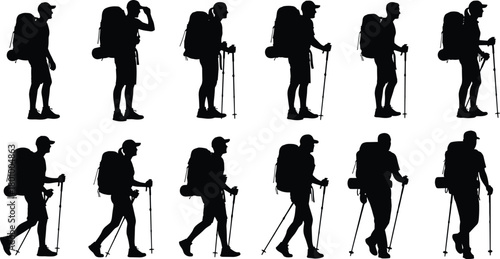Hiking backpacker silhouette collection, trekking walkers with poles, outdoor adventure hiker poses, mountain travel exploration vector set