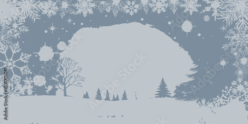 Vector  christmas  winter scene with snowflakes and trees in a light gray color scheme