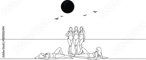 Minimalist Single Line Art Illustration of Women Sunbathing and Posing Together on the Beach during Summer Vacation Vector.