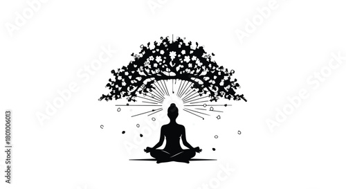 Silhouette meditating person under a radiant tree of life, symbolizing inner peace and spiritual growth.