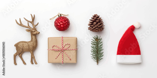 Vector  christmas  christmas flat lay with reindeer gift pinecone ornament and hat