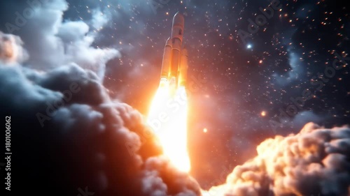 A rocket launches with plumes of smoke against a star speckled sky