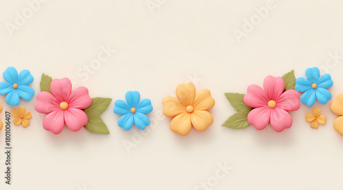 Colorful Flowers Border Pattern on Cream Background for Spring Designs