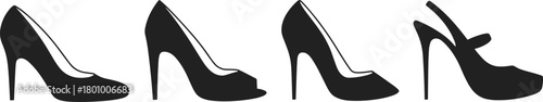 Black silhouette set of four stylish high-heeled women’s shoes including pump, peep-toe, d'Orsay, and Mary Jane designs