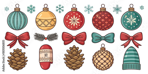 Vector  christmas  illustration of christmas ornaments bows and other holiday items