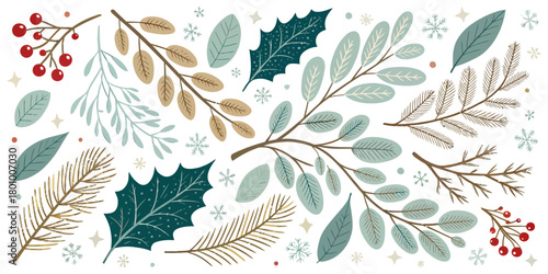 Vector  christmas  assorted winter foliage and berries with snowflake decorations art