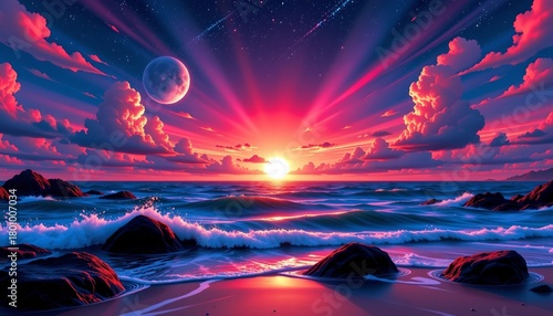 Surreal Twilight Seascape with Planets and Cosmic Sky