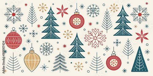 Vector  christmas  christmas trees snowflakes and ornaments on a cream colored background