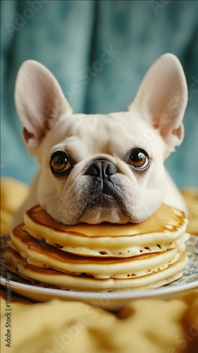 Adorable bulldog with one ear over an eye, enjoying stacked pancakes on a lazy Sunday morning.