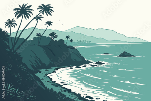 Realistic tropical cliffside with turquoise water, soft wave edges, distant silhouettes