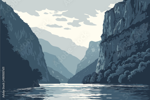 River gorge with high cliffs, reflections on water, early-morning cool tones