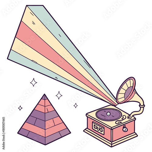 Retro gramophone with pyramid and light beam isolated on
