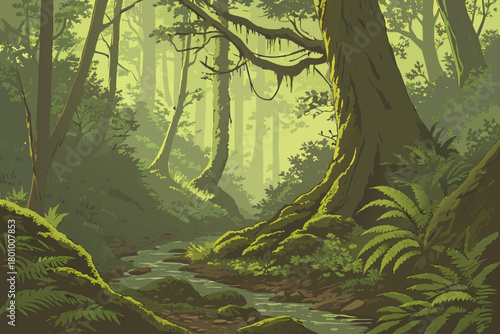 Dense rainforest with multi-layer foliage depth, soft sunlight from above, strong realism