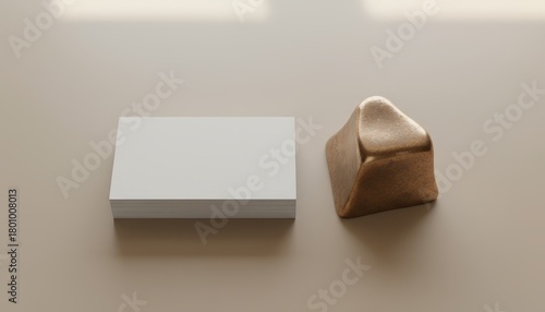 Stack of blank white business cards with a bronze paperweight