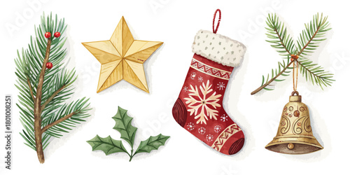Vector  christmas  watercolor christmas ornaments including stocking and golden star