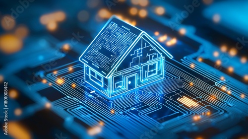 Digital House Blueprint Glowing Lines on Circuit Board Smart Home Technology Concept.
