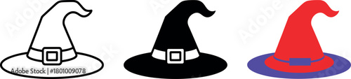 Three Witch Hats in Line Art Solid Black and Color for Halloween Celebrations