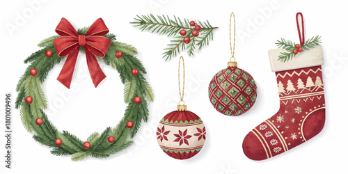 Vector  christmas  christmas decorations featuring wreath stocking and ornaments set
