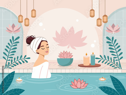Spa center service flat vector illustrations set. Beauty salon visitors and workers cartoon characters. Wellness center procedures and equipment pack. Hot stone massage, foot bath and facial masks.	