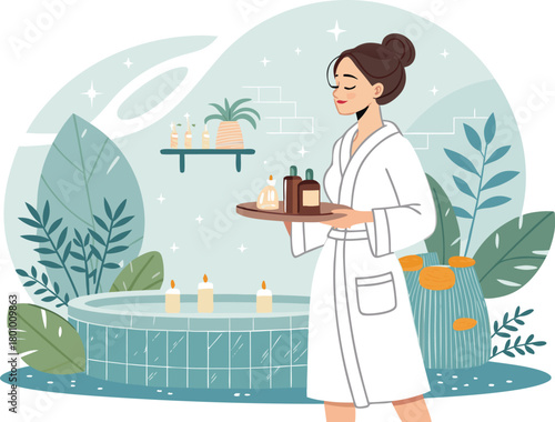 Spa center service flat vector illustrations set. Beauty salon visitors and workers cartoon characters. Wellness center procedures and equipment pack. Hot stone massage, foot bath and facial masks.	