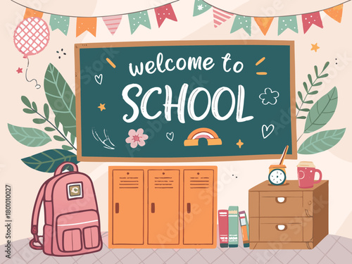 Back To School concept with happy schoolgirl wearing a backpack surrounded by stationery supplies, colored vector illustration