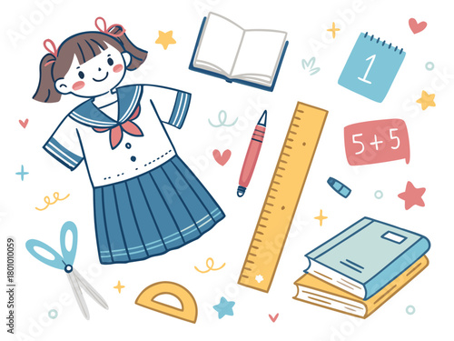 Back To School concept with happy schoolgirl wearing a backpack surrounded by stationery supplies, colored vector illustration