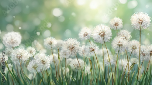 Close Up Of Dandelion Seed Heads In Lush Green Field Under Sunny Sky With Bokeh Effect