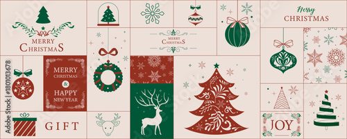 Merry christmas geometric red green background with art deco line design