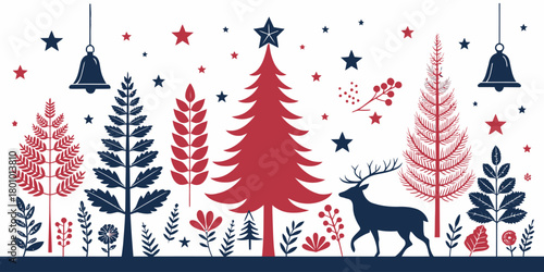 Vector  christmas  illustration of christmas trees bells stars and a silhouette deer