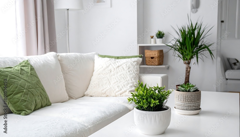 Fototapeta premium Bright and Airy Living Room with Plants and Natural Light.