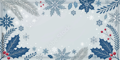Vector  christmas  winter frame with snowflakes holly berries and pine branches design