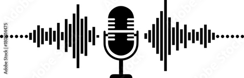 Sound wave and microphone icon isolated on a visual representation of audio recording, podcasting, and voice communication