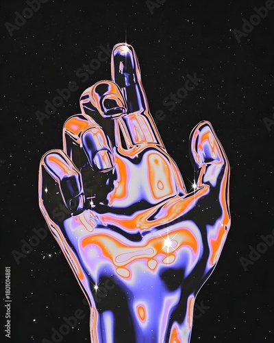 An artistic illustration of a liquid chrome-style hand with glowing purple, blue, and orange reflections, floating against a star-filled space background. The futuristic and surreal visual style creat