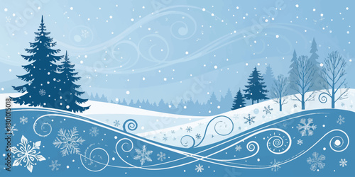 Vector  christmas  winter scene with snow covered hills trees and swirling snowflakes